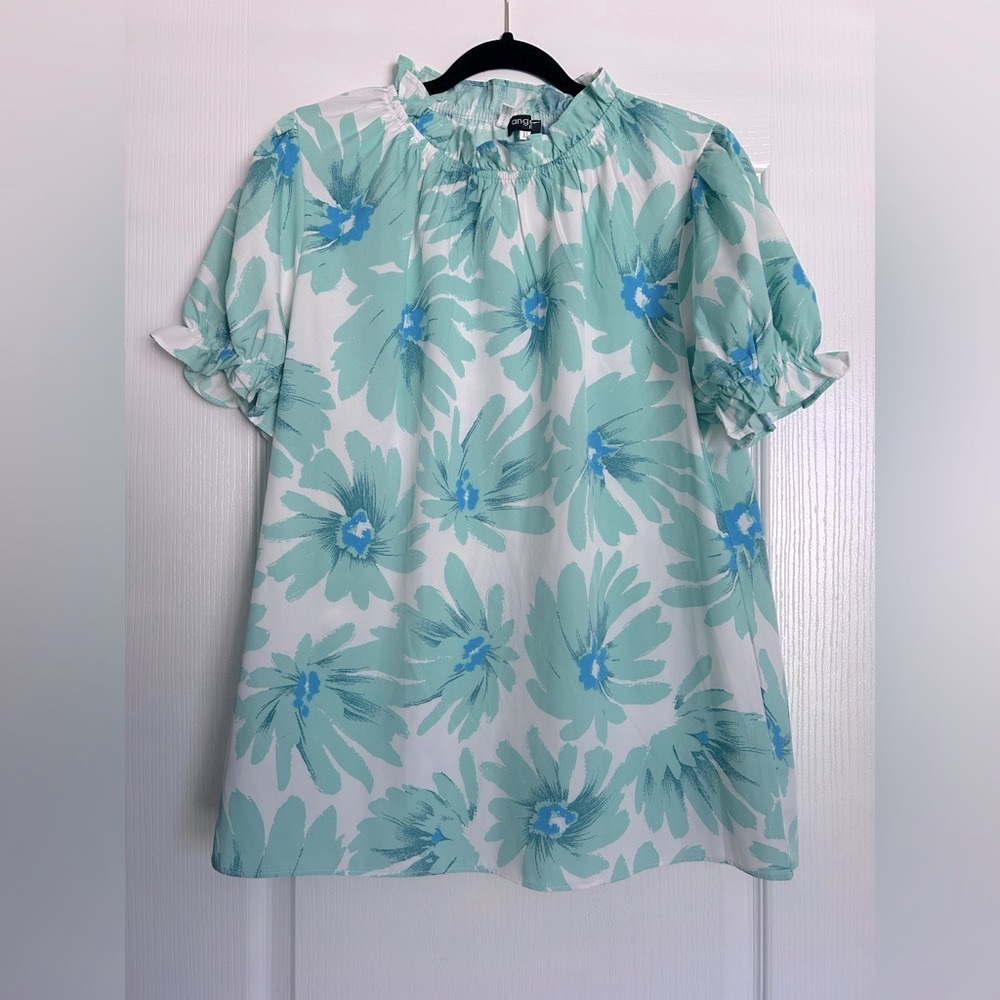 Green Ruffled Blouse with Watercolor Floral Design